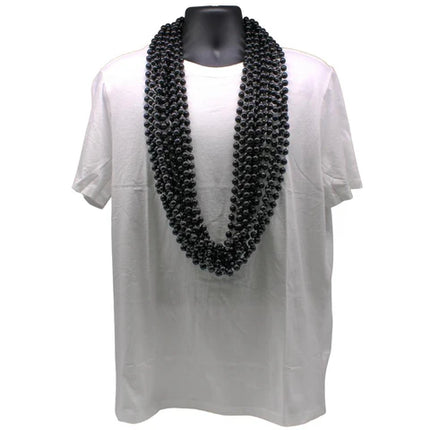 48 Inches 12mm Round Black Mardi Gras Beads - Pack of 12 Necklaces
