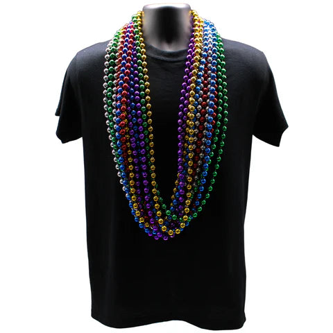 48 12mm Round Metallic 6 Color Mardi Gras Beads - Pack of 12 Necklaces
