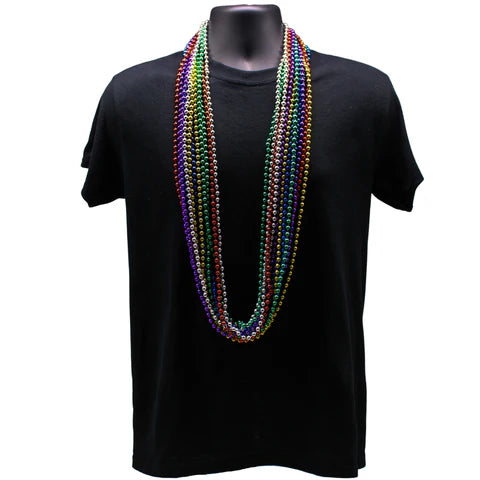 48 Inches 7mm Round Metallic 6 Color Mardi Gras Beads - Pack of 12 Necklaces