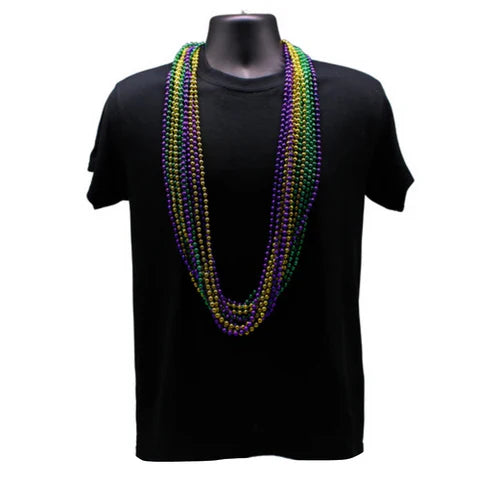 48 8mm Round Metallic Purple, Gold & Green Mardi Gras Beads - Pack of 12 Necklaces