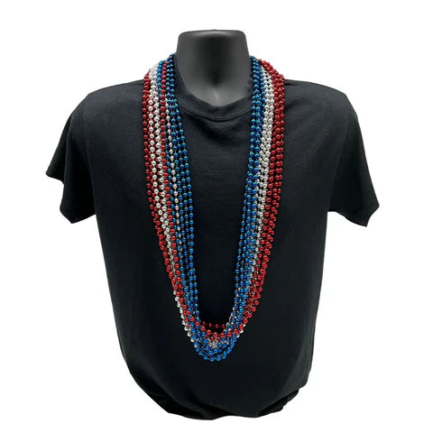 48 8mm Round Metallic Red Blue and Silver Mardi Gras Beads - Pack of 12 Necklaces