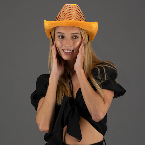 LED Flashing Orange EL Wire Sequin Cowboy Party Hats - Pack of 18