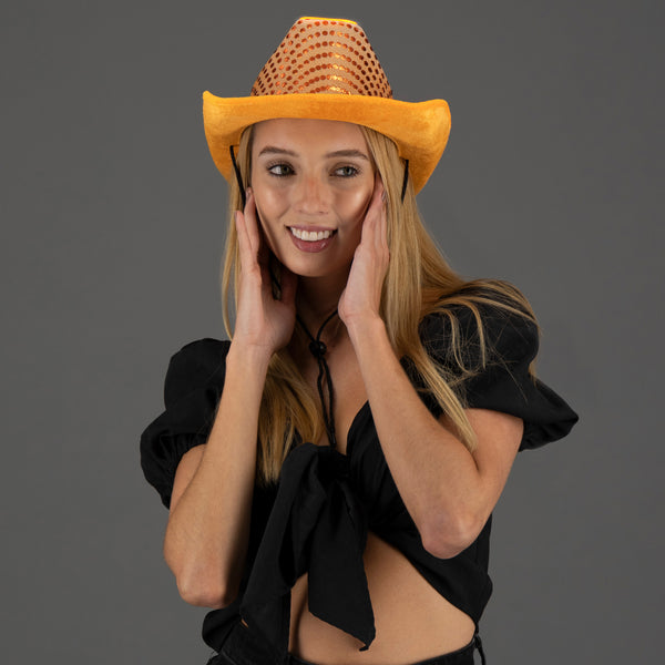 LED Flashing Orange EL Wire Sequin Cowboy Party Hats - Pack of 12