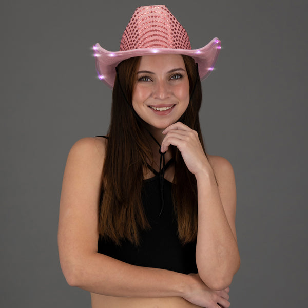 LED Light Up Flashing Pink Cowboy Hat With Sequins - Pack of 2