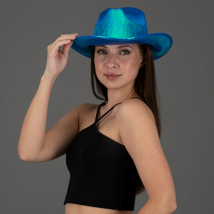 Sparkly Holographic Iridescent Glitter Space Blue Cowboy Hats - Pack of 3