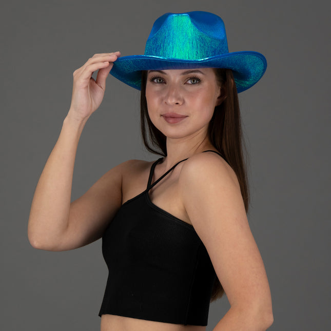 Sparkly Holographic Iridescent Glitter Space Blue Cowboy Hats - Pack of 3