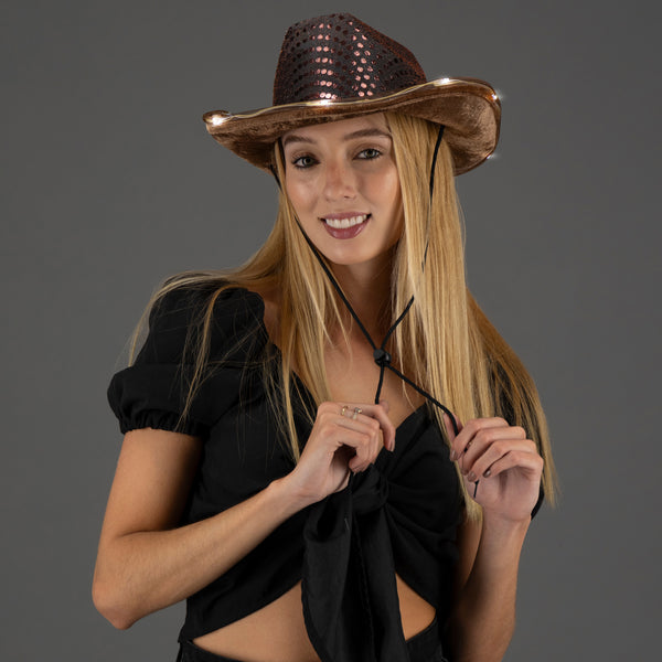 LED Light Up Flashing Sequin Brown Cowboy Hat - Pack of 18 Hats