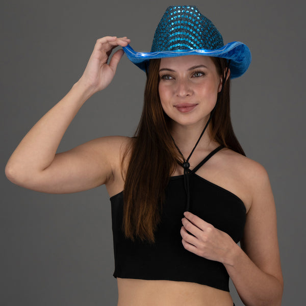 LED Light Up Flashing Sequin Teal Cowboy Hat - Pack of 2 Hats