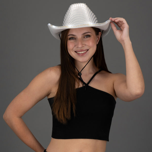 LED Light Up Flashing Sequin Cowboy Hats White - 24 Hats