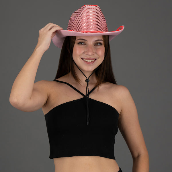 LED Flashing Pink EL Wire Sequin Cowboy Party Hat - Pack of 2 Hats