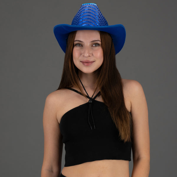 LED Flashing EL Wire Blue Sequin Cowboy Party Hat - Pack of 3 Hats