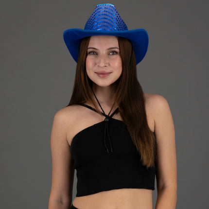 LED Flashing Blue EL Wire Sequin Cowboy Party Hat - Pack of 2 Hats