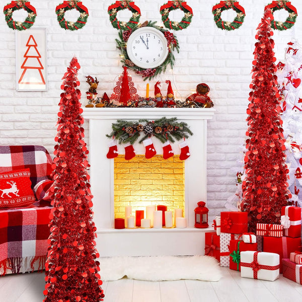 5 ft Red Pop Up Christmas Tinsel Tree With Colorful String Lights