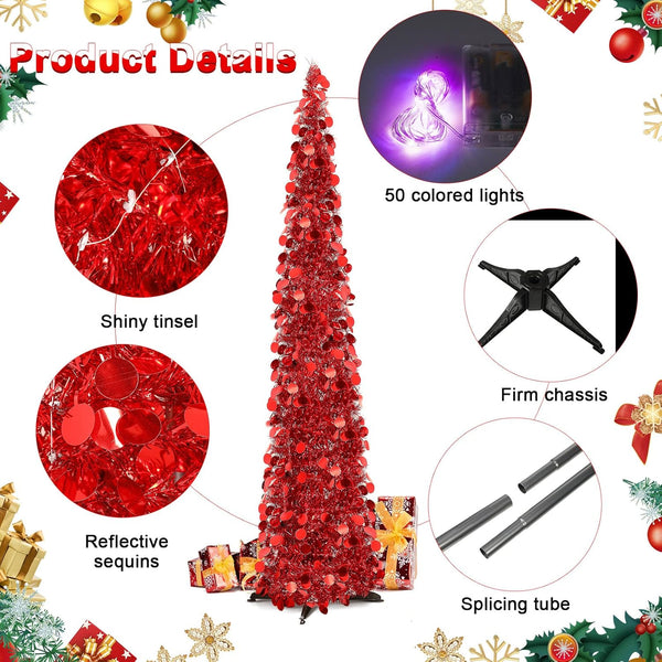 5 ft Red Pop Up Christmas Tinsel Tree With Colorful String Lights