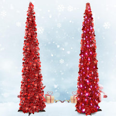 5 ft Red Pop Up Christmas Tinsel Tree With Colorful String Lights