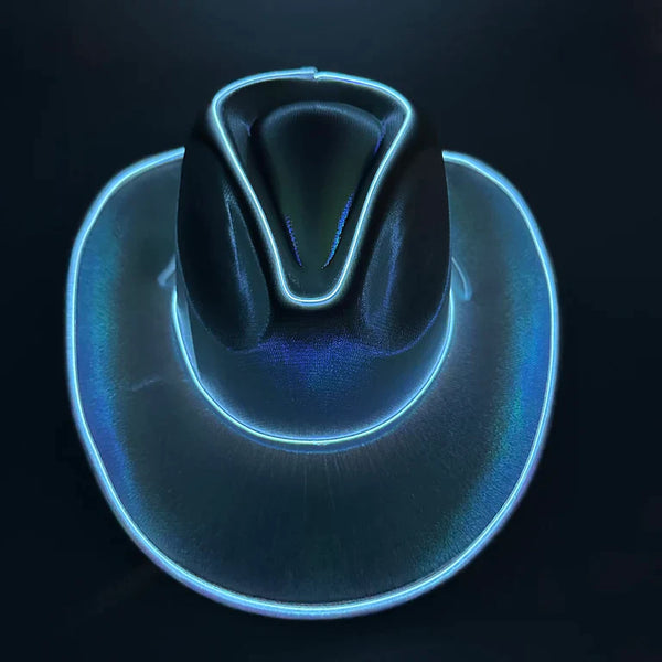 White EL WIRE Light Up Iridescent Space Cowboy Hats - 3 | PartyGlowz