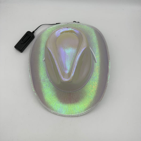 EL WIRE Light Up Iridescent Space White Cowboy Hat | PartyGlowz