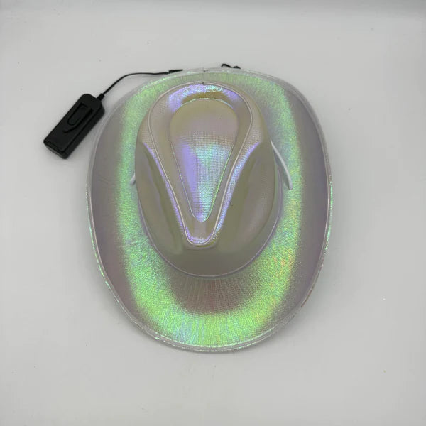 White EL WIRE Light Up Iridescent Space Cowboy Hat - Pack of 2 Hats | PartyGlowz