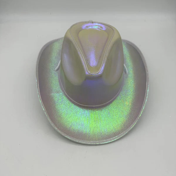 EL WIRE Light Up Iridescent Space White Cowboy Hats - Pack of 12 | PartyGlowz