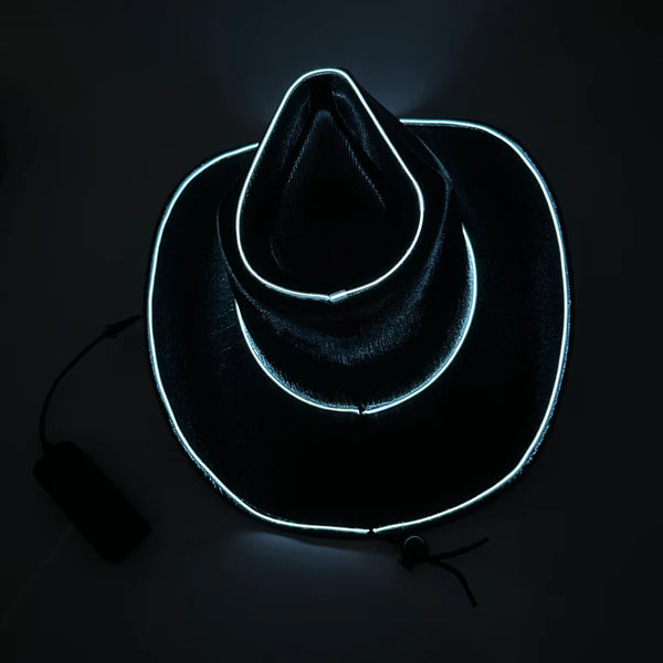 Two Black EL WIRE Light Up Iridescent Space Cowboy Hats | PartyGlowz