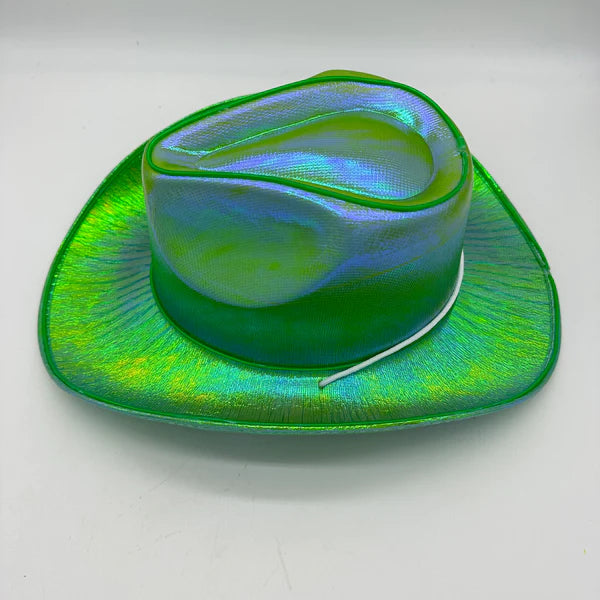Two Green EL WIRE Light Up Iridescent Space Cowboy Hats | PartyGlowz