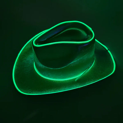 Two Green EL WIRE Light Up Iridescent Space Cowboy Hats | PartyGlowz