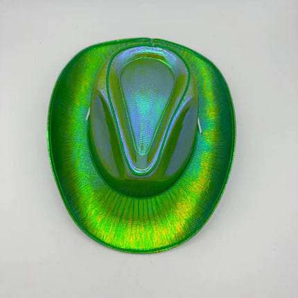 Two Green EL WIRE Light Up Iridescent Space Cowboy Hats | PartyGlowz