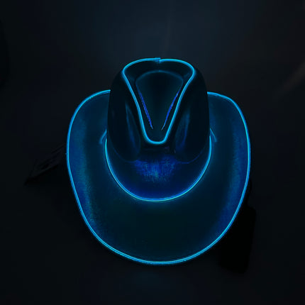 EL WIRE Light Up Iridescent Space Blue Cowboy Hat | PartyGlowz