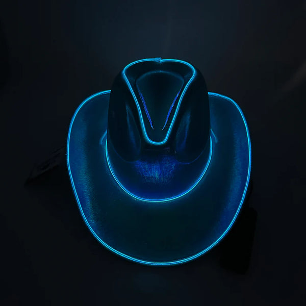 Blue Neon EL WIRE Light Up Iridescent Space Cowboy Hat - Pack of 2 Hats | PartyGlowz