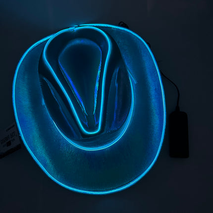 EL WIRE Light Up Iridescent Space Blue Cowboy Hat | PartyGlowz