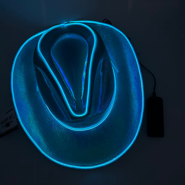 EL WIRE Light Up Iridescent Space Blue Cowboy Hat | PartyGlowz