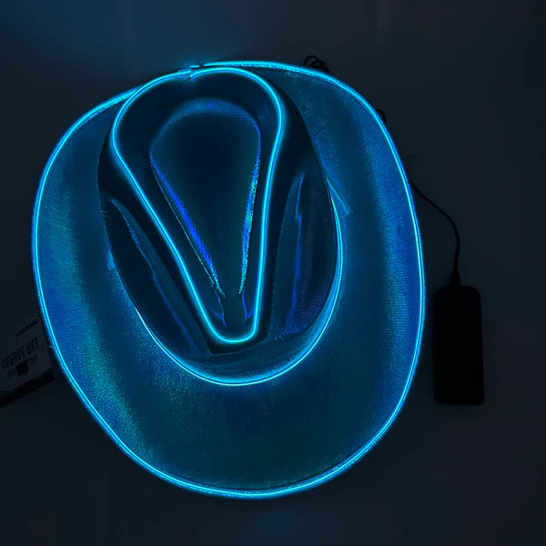 Two Blue Neon EL WIRE Light Up Iridescent Space Cowboy Hats | PartyGlowz