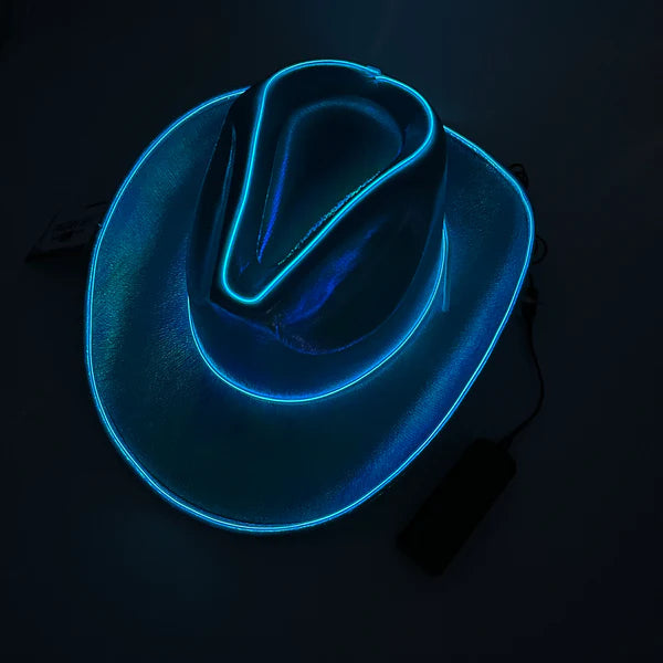 EL WIRE Light Up Iridescent Space Blue Cowboy Hats - Pack of 3 | PartyGlowz