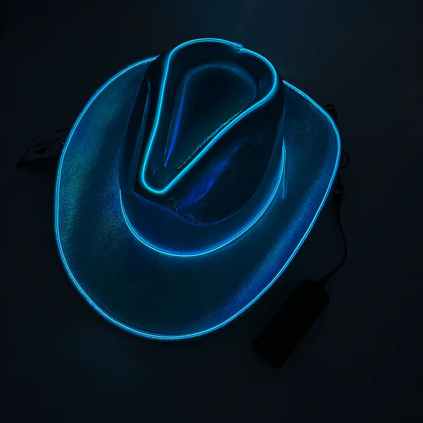 Two Blue Neon EL WIRE Light Up Iridescent Space Cowboy Hats | PartyGlowz