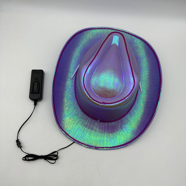 EL WIRE Light Up Iridescent Space Purple Cowboy Hat | PartyGlowz