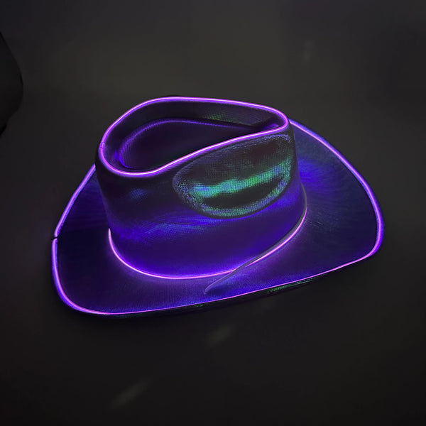 Purple EL WIRE Light Up Iridescent Space Cowboy Hats - Pack of 18 | PartyGlowz