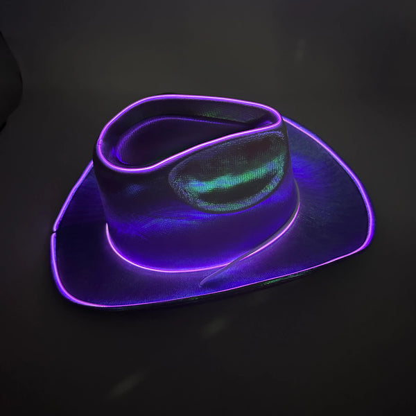 EL WIRE Light Up Iridescent Space Purple Cowboy Hats - Pack of 3 | PartyGlowz