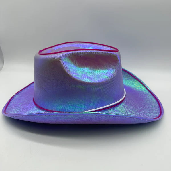 Two Purple EL WIRE Light Up Iridescent Space Cowboy Hats | PartyGlowz