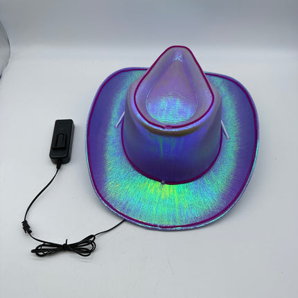 EL WIRE Light Up Iridescent Space Purple Cowboy Hat | PartyGlowz