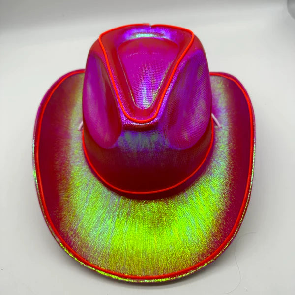 EL WIRE Light Up Iridescent Space Red Cowboy Hats - Pack of 3 | PartyGlowz
