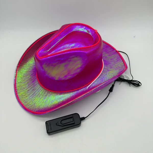 Pink EL WIRE Light Up Iridescent Space Cowboy Hats - Pack of 18 | PartyGlowz