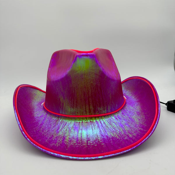 EL WIRE Light Up Iridescent Space Pink Cowboy Hat | PartyGlowz