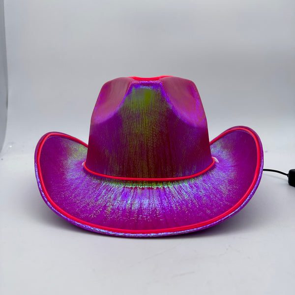 EL WIRE Light Up Iridescent Space Pink Cowboy Hat | PartyGlowz