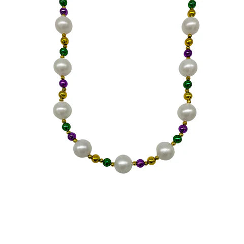 52 25mm Pearl White Necklace With Alternating Purple, Green & Gold Beads