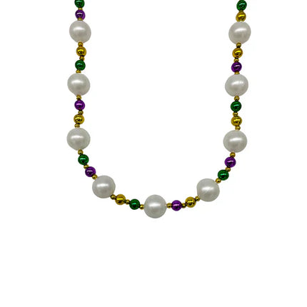 52 Inches 25mm Pearl White Necklace With Alternating Purple, Green & Gold Beads