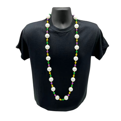 52 Inches 25mm Pearl White Necklace With Purple, Green & Gold Beads