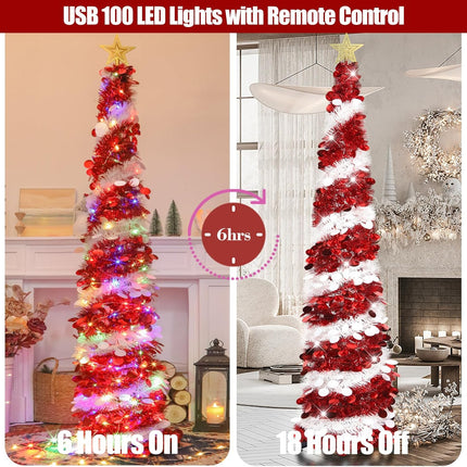 6 FT White & Red Pop Up Tinsel Christmas Tree With Colored Timer Lights & Remote