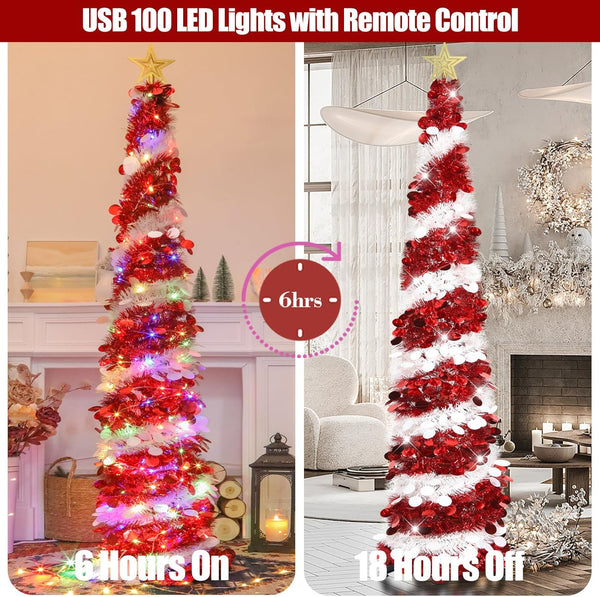 6 FT White & Red Pop Up Tinsel Christmas Tree With Colored Timer Lights & Remote
