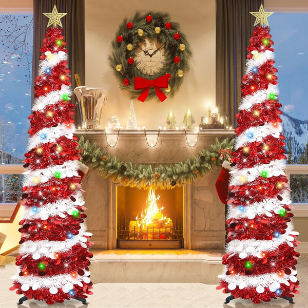 6 FT White & Red Pop Up Tinsel Christmas Tree With Colored Timer Lights & Remote
