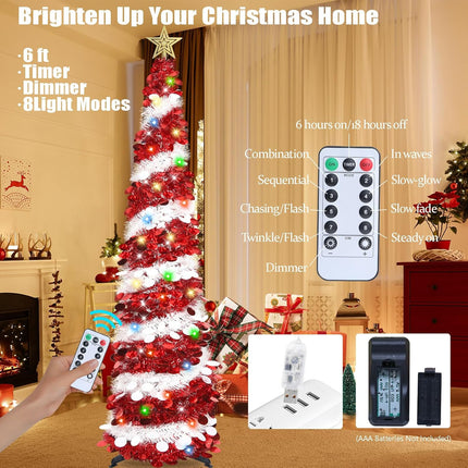6 FT White & Red Pop Up Tinsel Christmas Tree With Colored Timer Lights & Remote